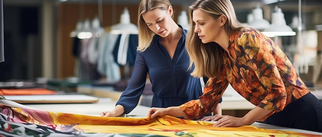 Foto vrouwelijke ontwerper of een naaister en werknemer of productie manager kijken naar patroon op een tafel in een