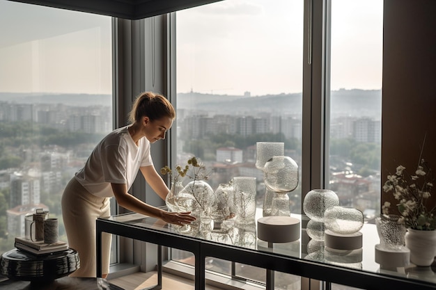 Vrouwelijke ontwerper werkt met decoraties in het interieur van een modern huis met panoramische ramen