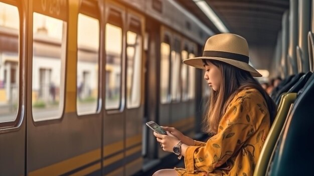 Vrouwelijke passagier gebruikt smartphone tijdens het wachten op de trein om te vertrekken vanaf station Generative AI