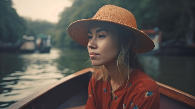 Vrouwelijke passagier op een boot in Azië Generatieve AI