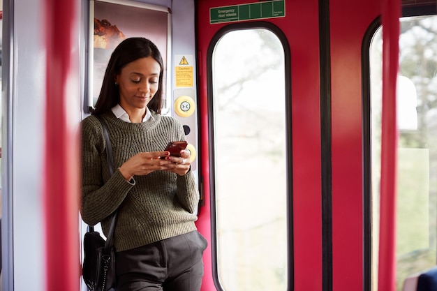 Vrouwelijke passagier permanent door deuren In trein kijken naar mobiele telefoon