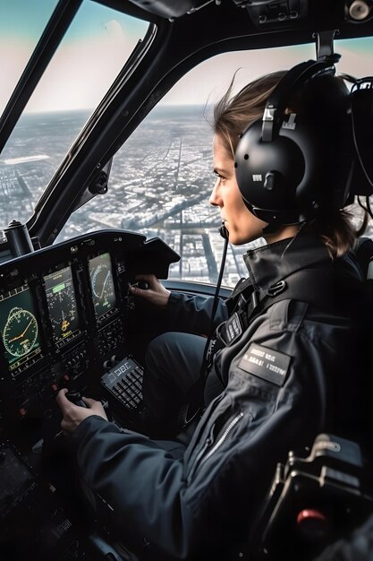 Foto vrouwelijke piloot in de cockpit van een helikopter in vlucht met een uitzicht op de stad van boven gegenereerd door ai