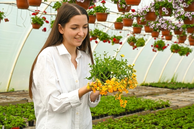 Vrouwelijke plantenwinkeleigenaar werkt met bloemen in kas Kleine ondernemer en plantverzorgingsconcept