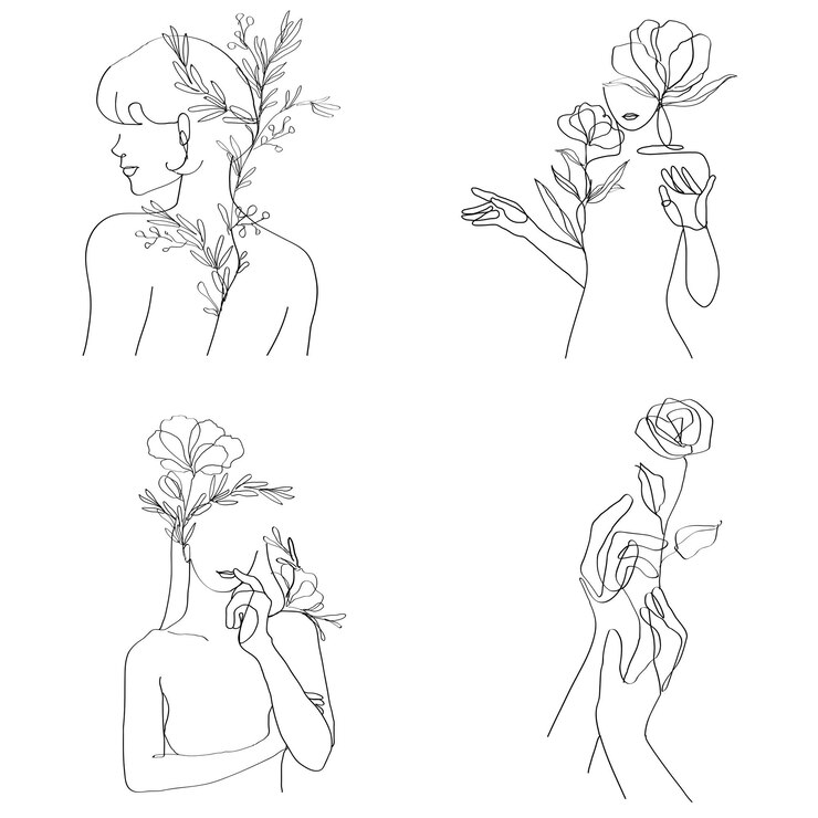 Foto vrouwelijke png vrouw en bloemen minimale lijnkunst zwarte illustratie collectie