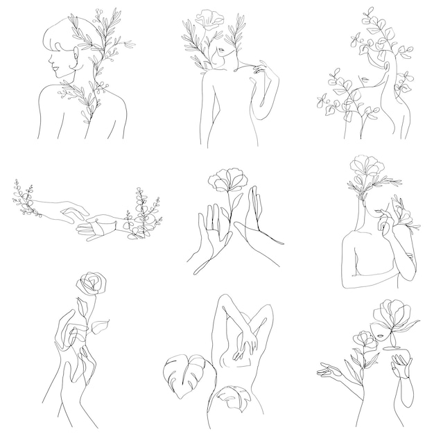 Vrouwelijke png vrouw en bloemen minimale lijnkunst zwarte illustratie collectie