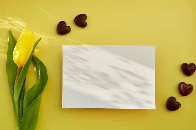 Vrouwelijke postkaart mock up met schaduwen chocolade harten en gele tulp Women39s Day concept Mockup ansichtkaart Copy space