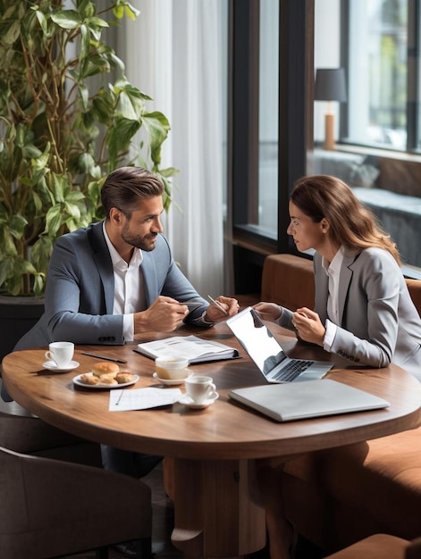 Vrouwelijke professionals bespreken een bedrijfsplan terwijl een zakenman koffie drinkt aan het bureau.