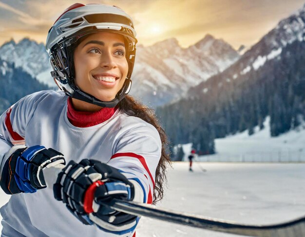 vrouwelijke professionele ijshockeyspeler meisje schiet de puck met een hockeystok in de winter op de berg