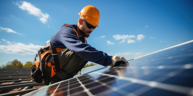 Vrouwelijke professionele installateur van fotovoltaïsche zonnepanelen op het werk