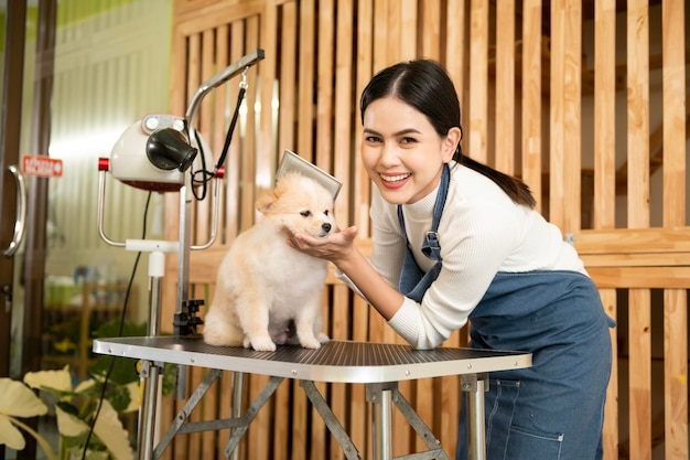 Vrouwelijke professionele trimmer die hondenbont kamt bij pet spa verzorgingssalon