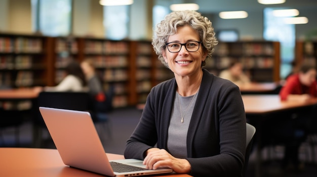 Vrouwelijke professor zit in de universiteitsbibliotheek met een laptop en bereidt zich voor op een lezing