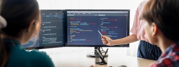 Vrouwelijke programmeur presenteert programma codering terwijl manager luistert Broeiende