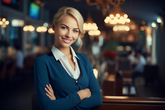 Vrouwelijke receptioniste in elegant pak tijdens werkuren