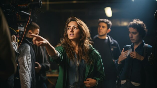 Vrouwelijke regisseur geeft cast aanwijzingen dramatische scène clapperboard in de hand