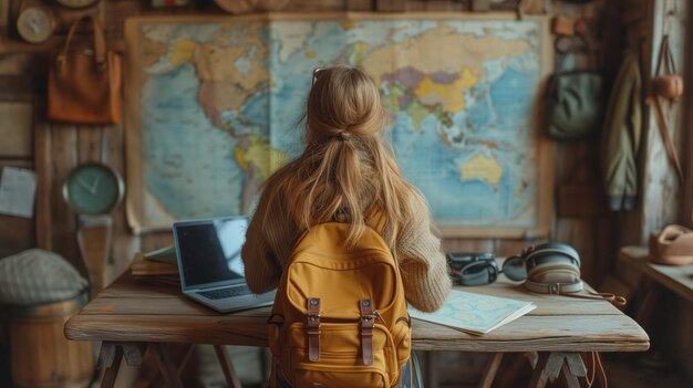 Vrouwelijke reisverslag met kaart en laptop op tafel