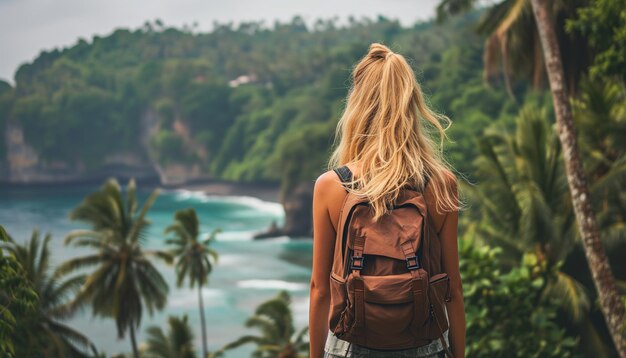 Foto vrouwelijke reiziger aan de kust