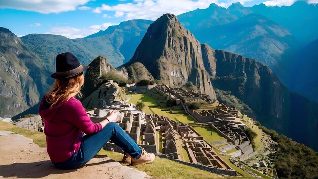 Vrouwelijke reiziger die op de klif zit en naar de Inca-ruïnes van Machu Picchu Peru kijkt