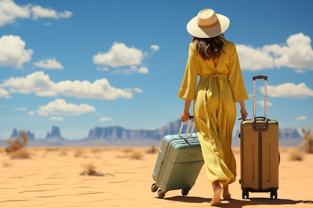 vrouwelijke reiziger met gele koffer