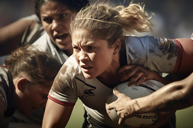 Foto vrouwelijke rugbyspelers strijden 's avonds op het rugbyveld