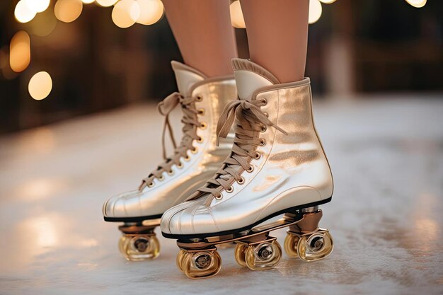 vrouwelijke schaatsschoenen die door vrouwen worden gedragen in de stijl van wit en goud