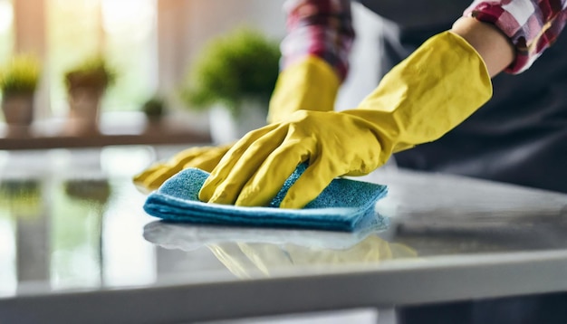 vrouwelijke schoonmakers met handschoenen die ijver en toewijding in huishoudelijke schoonmaakwerkzaamheden symboliseren