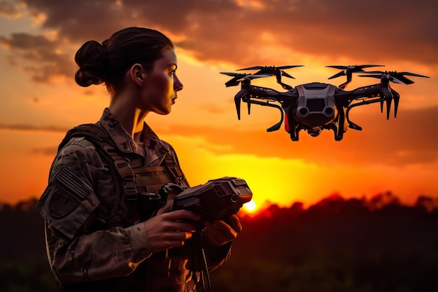 Vrouwelijke soldaat drone piloot Quadro helikopter voor verkenning tijdens militaire operatie tegen de achtergrond van een zonsondergang