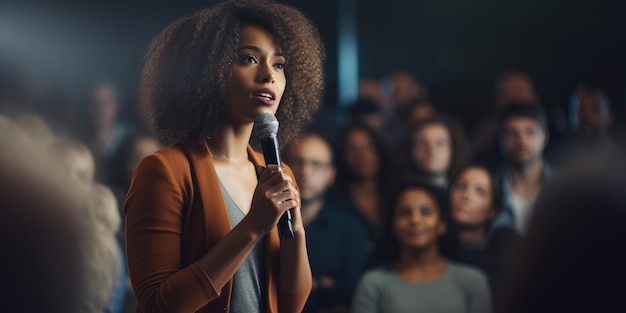 Vrouwelijke spreker die op het podium optreedt en voor een groot publiek spreekt Event Professional