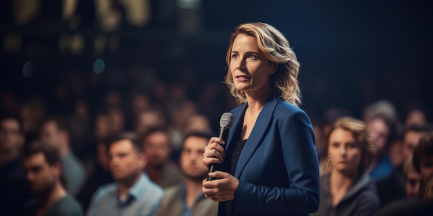 Vrouwelijke spreker die op het podium optreedt en voor een groot publiek spreekt Event Professional