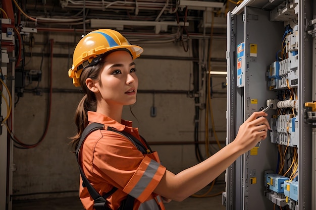 Vrouwelijke sterke commerciële elektricien aan het werk op een lontdoos versierd met een veiligheidshandschoen