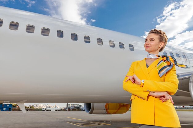 Vrouwelijke stewardess in gele luchtvaartmaatschappij-uniform staande in de buurt van commerciële vliegtuigen op vliegveld