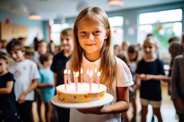 Vrouwelijke student blaast een kaars op haar verjaardagsfeestje op de basisschool