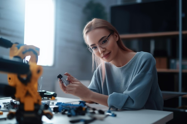 Vrouwelijke studente leert robotarm programmeren en coderen in het schoollaboratorium Generative AI AIG20