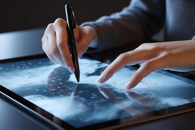 Vrouwelijke tienerhanden met een generieke tablet pc met een leeg scherm geïsoleerd