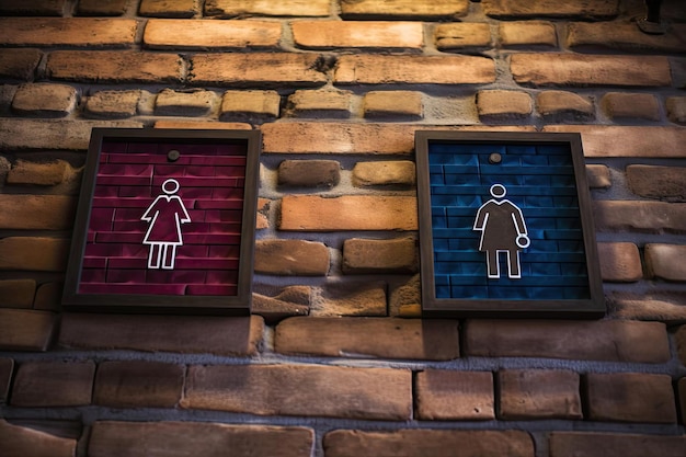 vrouwelijke toiletborden op een stenen muur tegen een bruine bakstenen achtergrond in de stijl van een verhaal