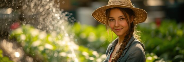 Vrouwelijke tuinier geniet van de zomer in de tuin