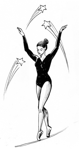 Vrouwelijke turnster die in het circus presteert. Inkt zwart-wit tekening