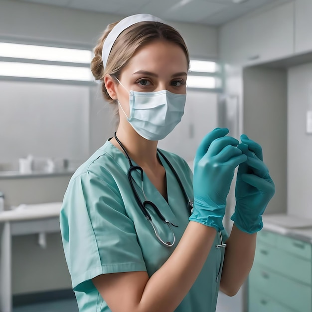 Vrouwelijke verpleegster met een masker die handschoenen aantrekt