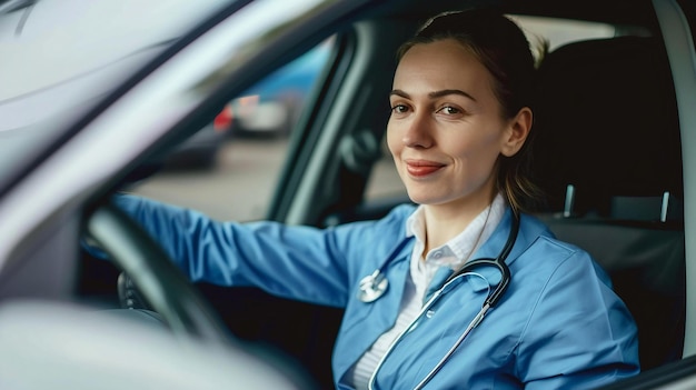 Foto vrouwelijke verpleegster zit in de auto op weg naar huis van het werk