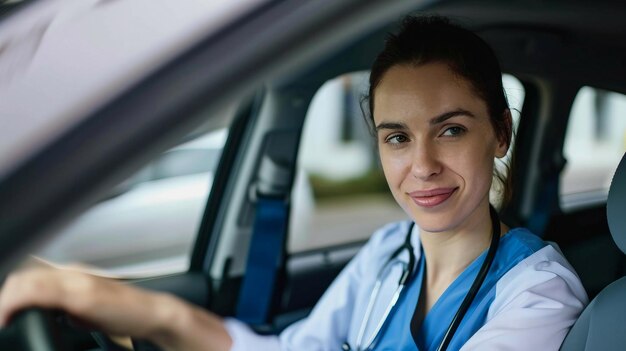 Vrouwelijke verpleegster zit in de auto op weg naar huis van het werk