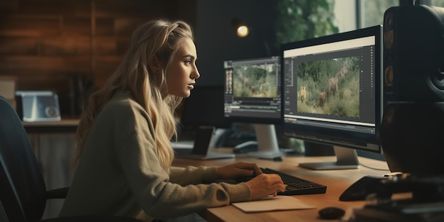 Vrouwelijke videograaf bij het bewerken van een videoproject Met behulp van postproductie-software die wordt uitgevoerd bij een digitaal multimedia-bedrijf met twee monitors Retoucher Verwerking van audio Filmbewerking op PC