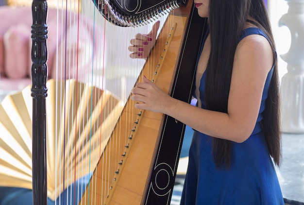 Foto vrouwelijke vingers die harp spelen