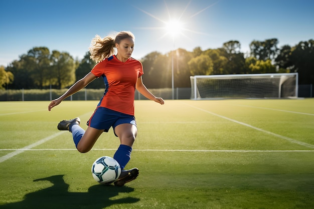 Foto vrouwelijke voetballer in actie