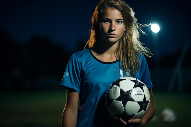 Vrouwelijke voetballer op het voetbalveld.