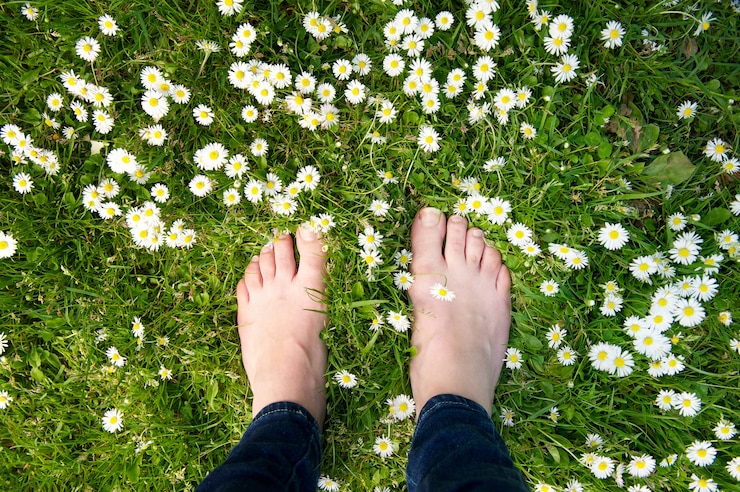 Vrouwelijke voeten die zich op groen gras en witte bloemen bevinden