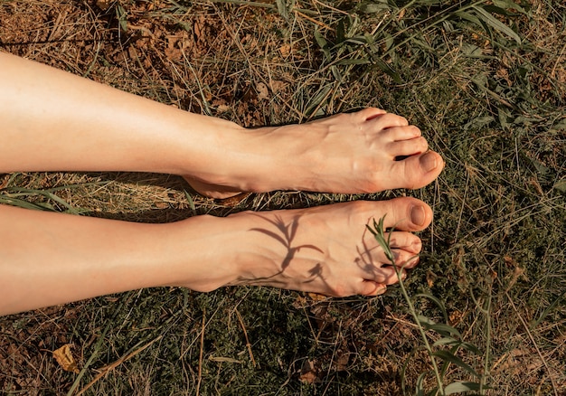 Vrouwelijke voeten en benen in gras in zonnige zomer bovenaanzicht
