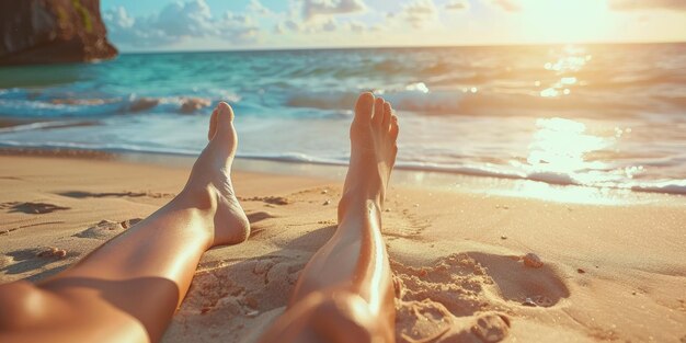 Vrouwelijke voeten op het zand op het strand Generatieve AI