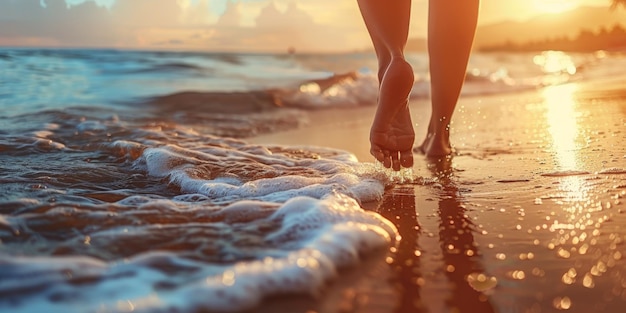 Vrouwelijke voeten op het zand op het strand Generatieve AI