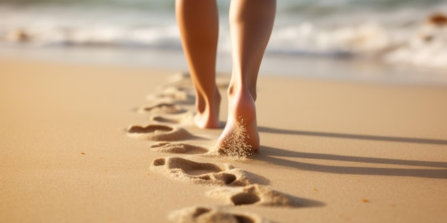 Vrouwelijke voeten op het zand op het strand Generatieve AI