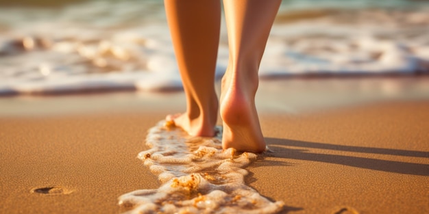 Vrouwelijke voeten op het zand op het strand Generatieve AI