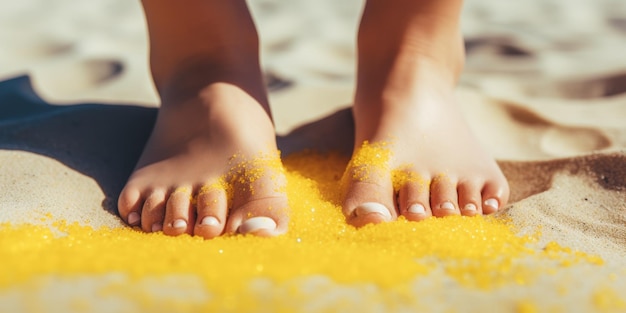 Vrouwelijke voeten op het zand op het strand Generatieve AI